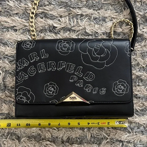 Karl Lagerfeld Luxury Black Floral Shoulder Bag with Gold Hardware - Picture 5 of 14